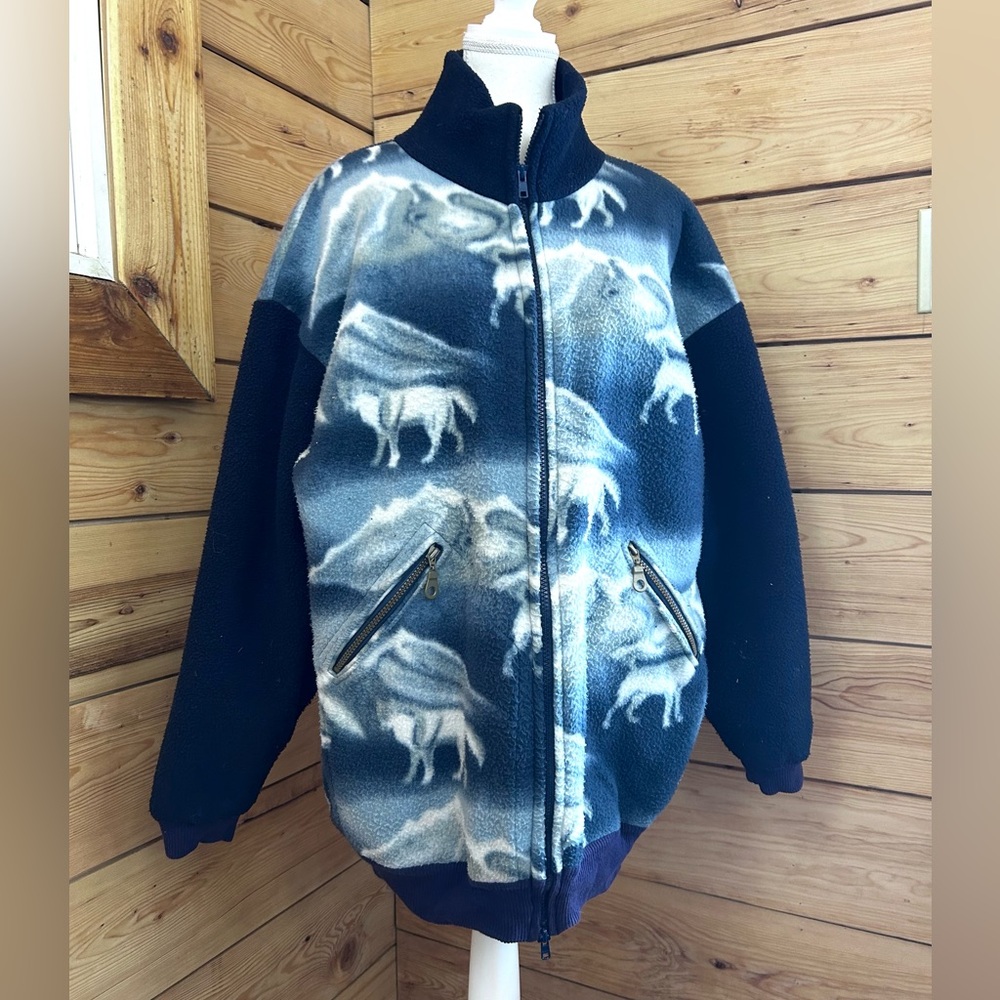 Vintage Reversible Fleece Jacket Unisex Large Blue Wolf Bear Plaid Cabin Core